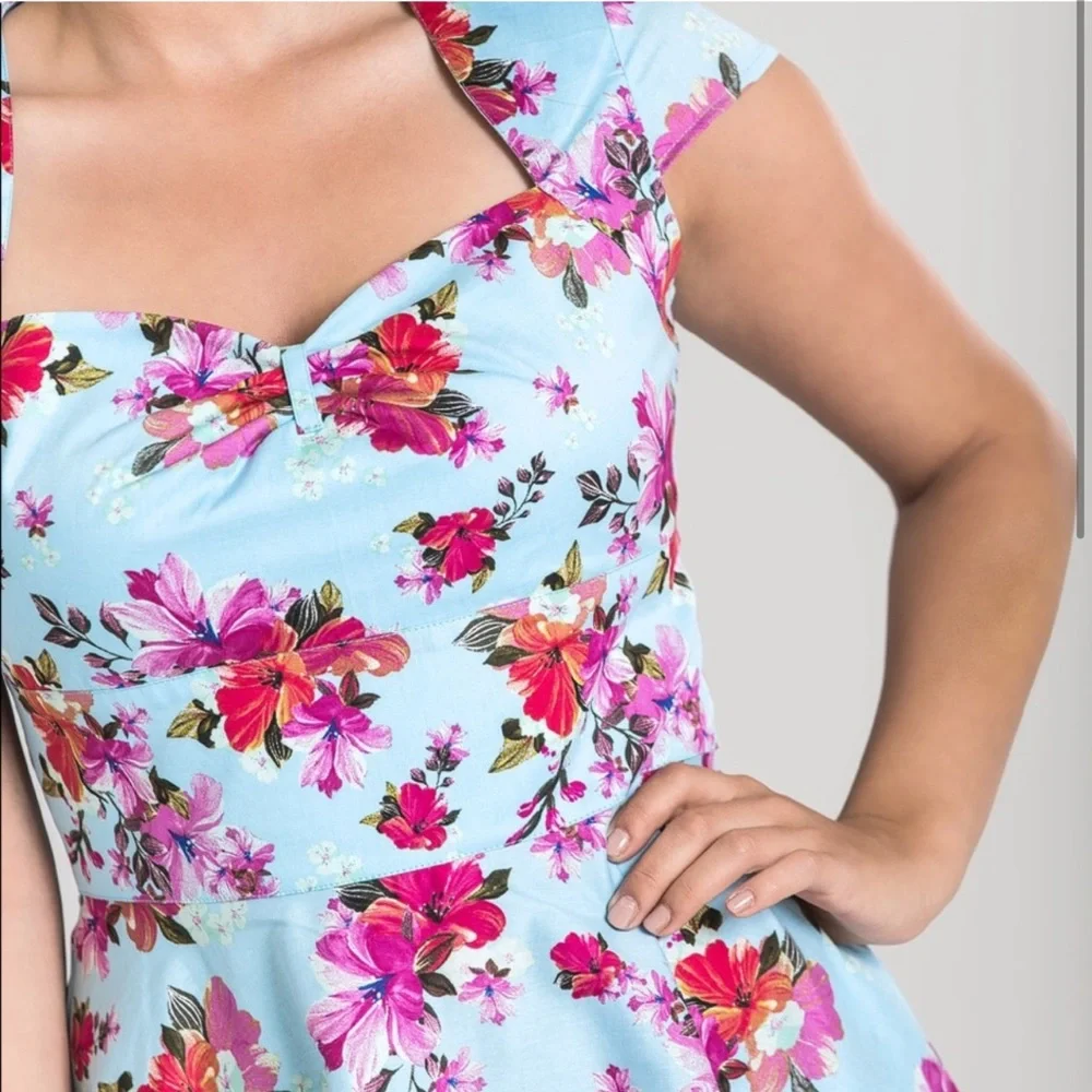 Hell Bunny Dress Vintage Inspired Tropical Floral Print Cap Sleeve Dress size L - Picture 2 of 12